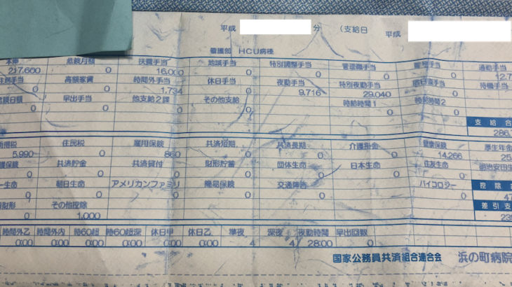 【実際の画像】浜の町病院・看護師の給与明細・評判・給料・ボーナス・年収